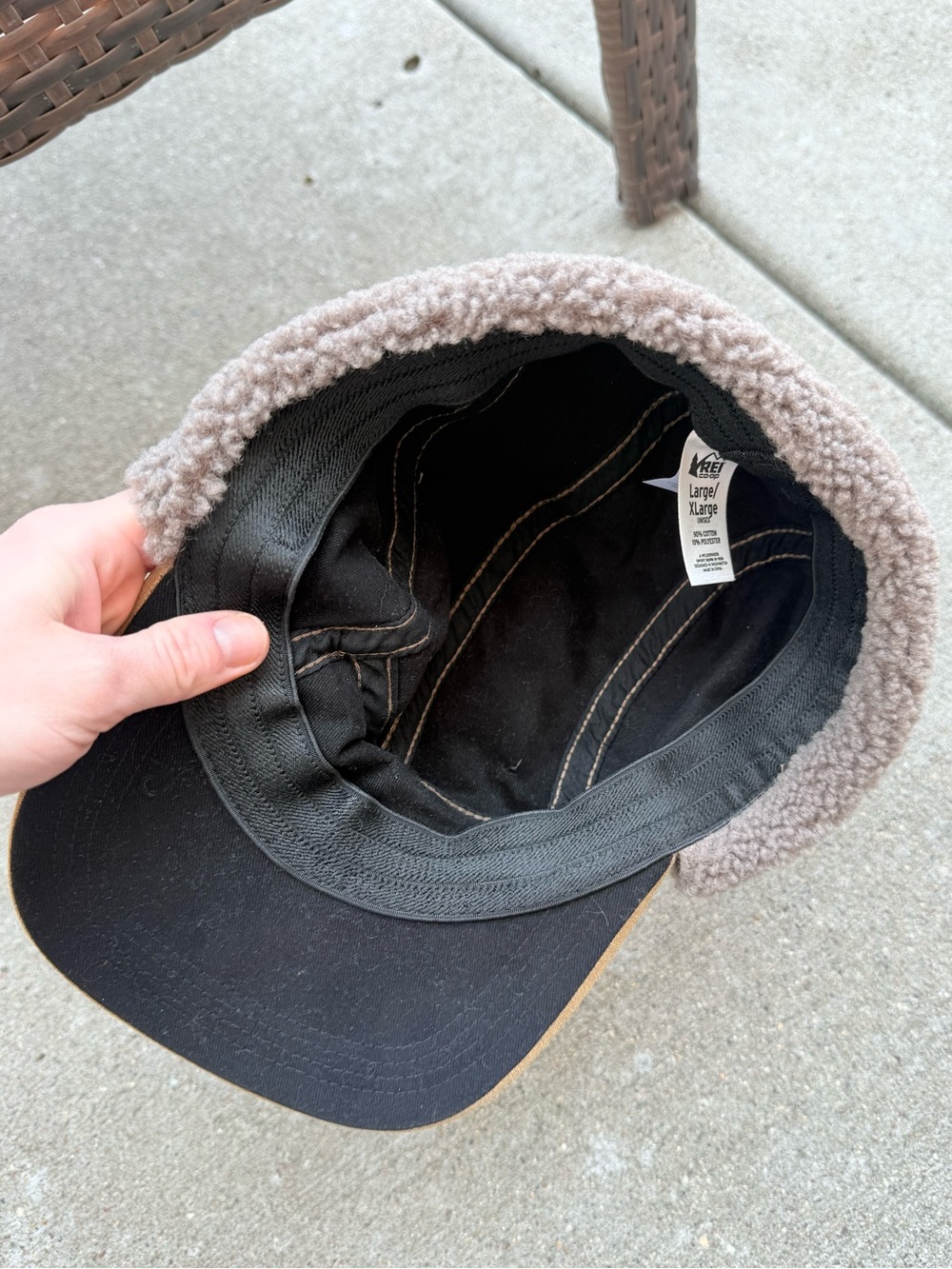 REI Co-op Trapper Cap Ear Flaps Hat Men's L/XL Khaki Tan Cotton Sherpa Fleece - Picture 6 of 9